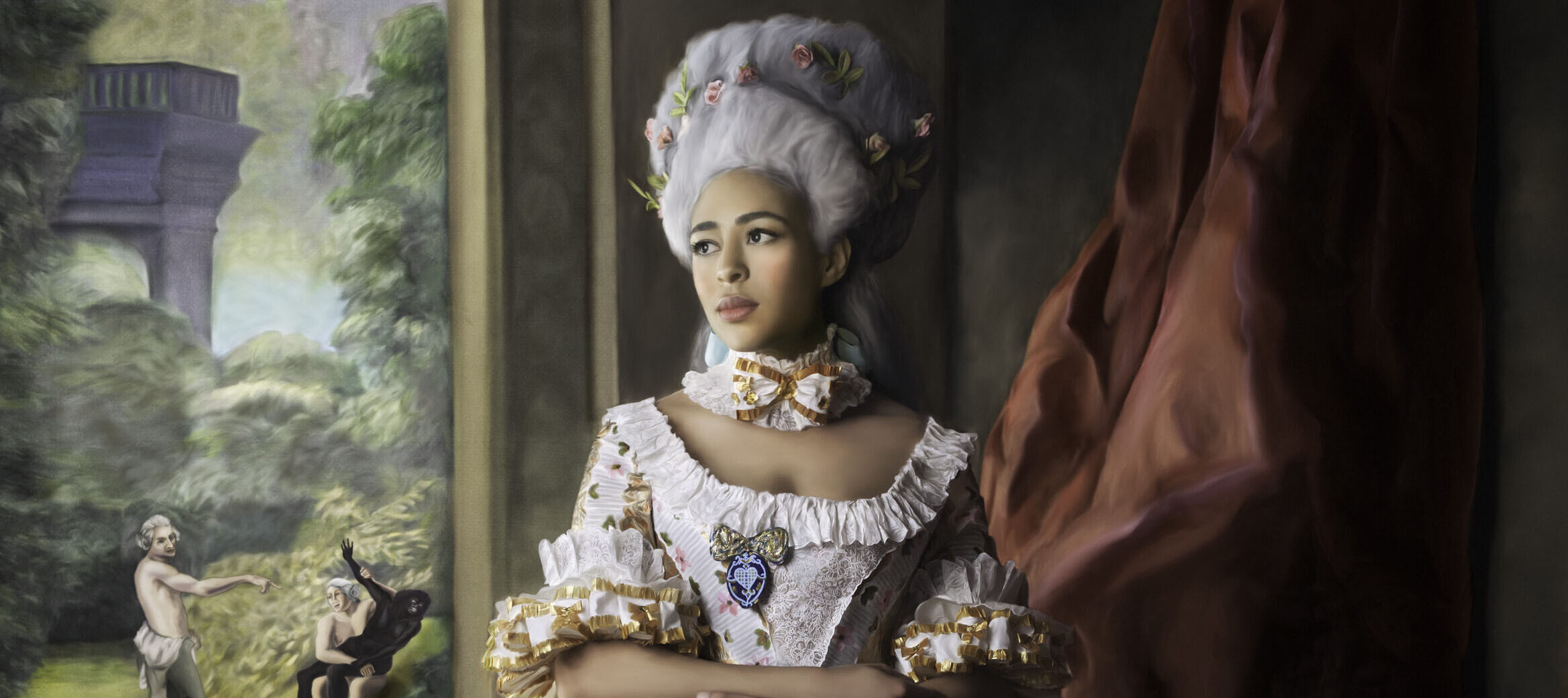 A woman with medium-dark skin tone in historical attire with a large striped gown poses indoors. She wears a powdered wig, and a small white dog sits by her side. A painted background depicts a pastoral scene with a vignette of a violent assault.