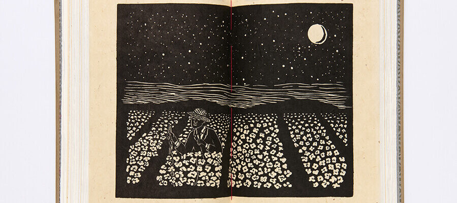 An open book on a white background displays a black and white print depicting a person picking cotton in a field with several cotton patches. The moon and stars are present in the night sky above.