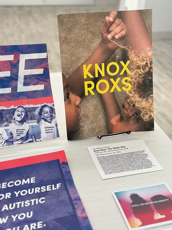A colorful zine that reads "Knox Roxs" is on display with a museum label.