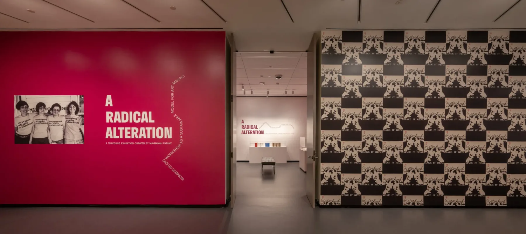 A gallery space with dark floors. On the left is a magenta wall that says "A Radical Alteration" with an enlarge black-and-white photo of four people posing shoulder-to-shoulder in t-shirts. On the right is a wall with a repeated black-and-white image in a large grid pattern.