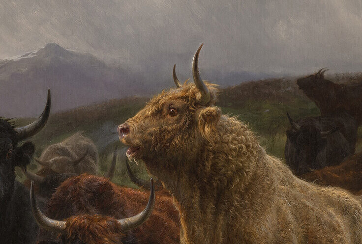 A large group of animals is herded by two shepherds on a grassy hill above the ocean. Black, tan, and red bulls crowd small white sheep with curled horns. The animals move nervously, their coats blowing in the wind. Clouds in the background suggest an impending storm.