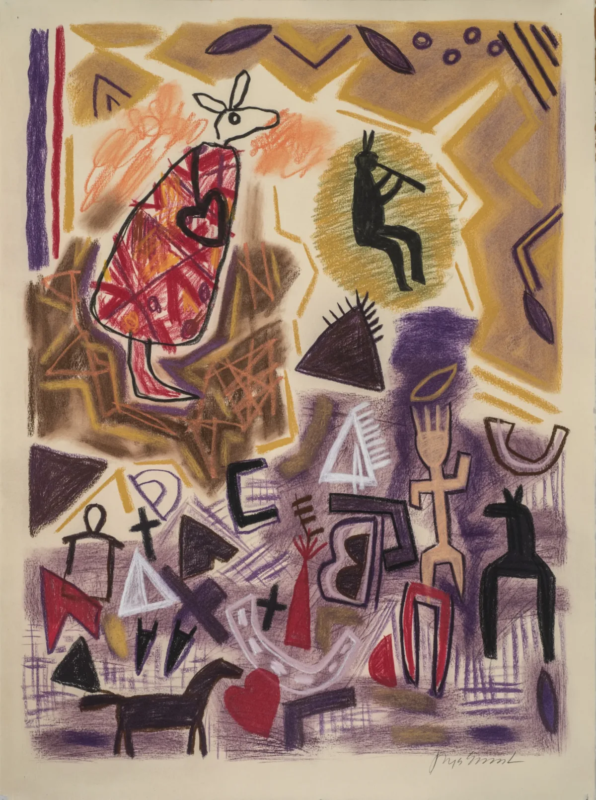 Mustard-colored lines offset with a tan background and purple circle and oval shapes cover the right corner. Just below, a black figure with two feathers extending up from its head plays the flute.  On the middle left of the page is an armadillo with a red shell surrounded by orange and brown jutting lines. The bottom half of the page is colored with various hues of purple. Black, red, light blue, and tan figures of horses, humans, crosses, and triangles are offset against the purple background.
