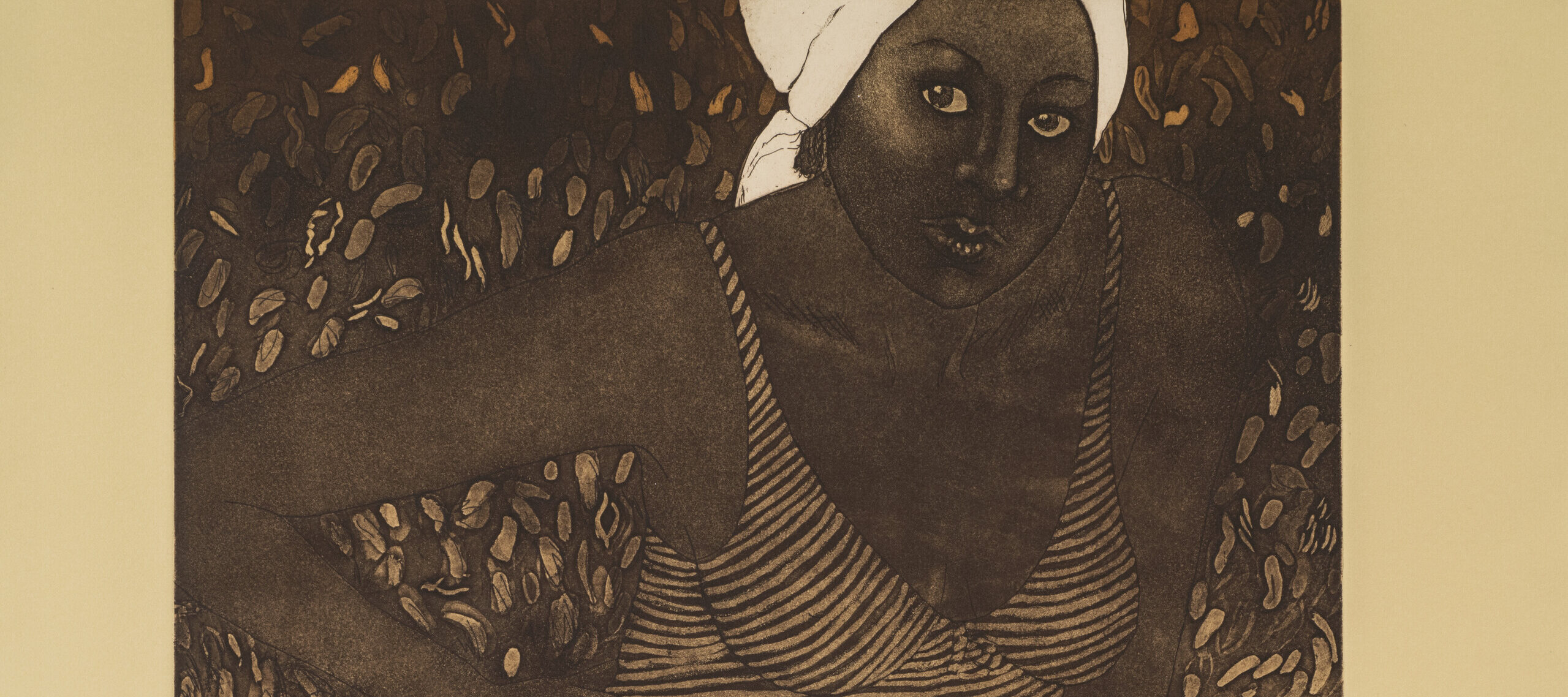 A dark-skinned adult woman seen from the hips up rendered in brownish-black ink on light tan paper, framed in a square. She wears a striped, one-piece bathing suit and a white cap. She leans on her left arm on a towel on white planks, and her right hand is on her hip with her elbow out.