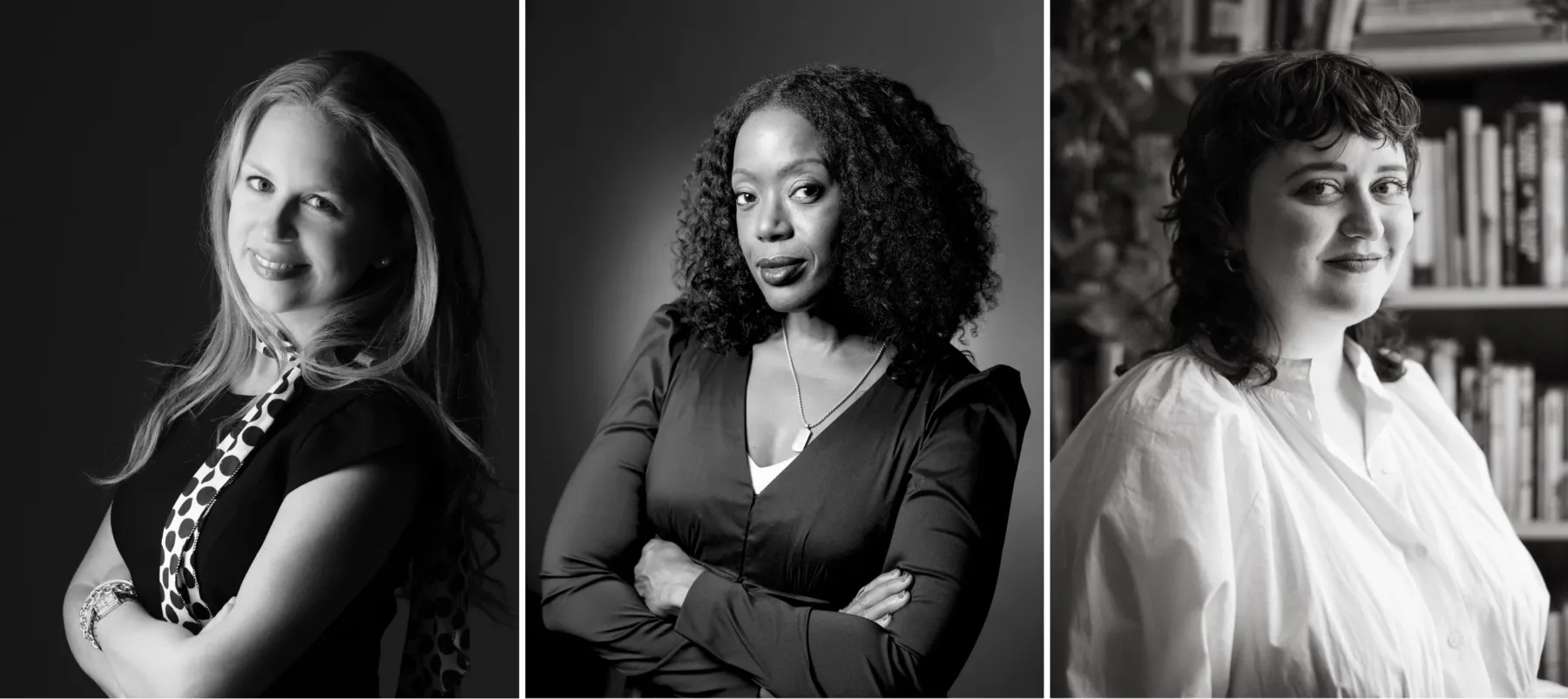 Split Image: Three women pose for black-and-white portraits, each standing with arms crossed. The first wears a patterned top, the second a dark blouse, and the third a white shirt, with bookshelves visible in the background of the last portrait.