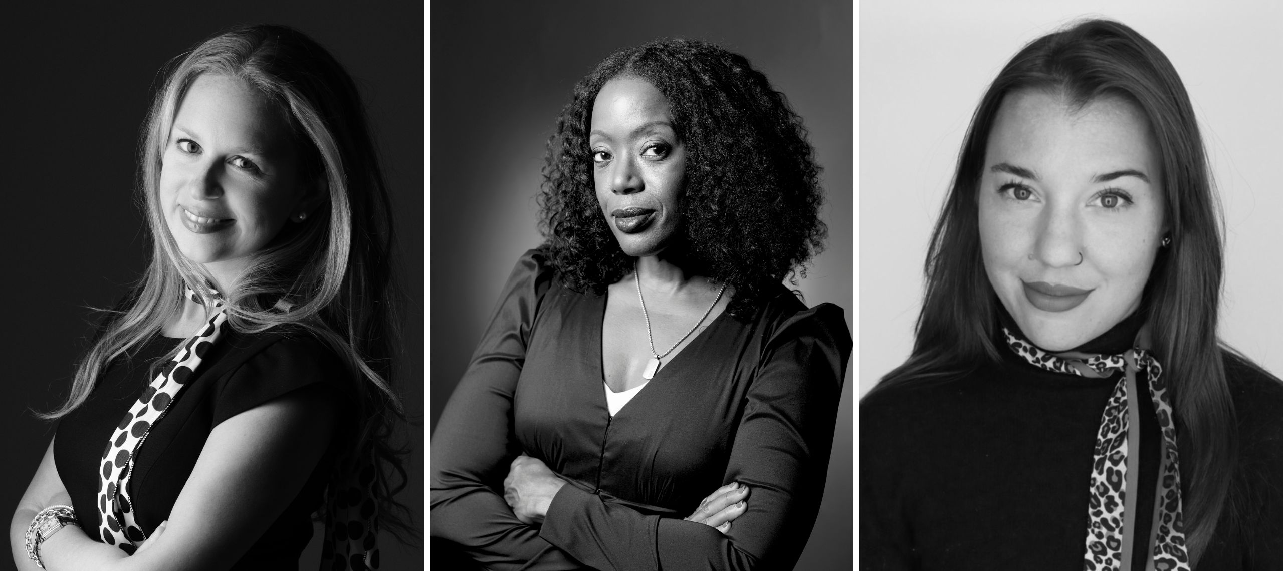 Split Image: Three women pose for black-and-white portraits. The first wears a dark top with a geometric-patterned scarf, the second wears a dark v-neck blouse, and the third wears a leopard-print scarf.