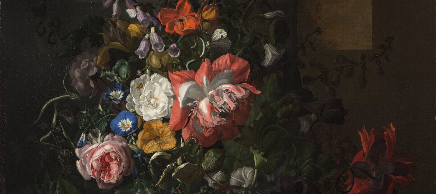An elaborate floral arrangement painted with precise detail appears dramatically spot lit against a dark background. Large red and pink blooms dominate, interspersed with small yellow, white, and blue blossoms and varied foliage. Moths and other insects a