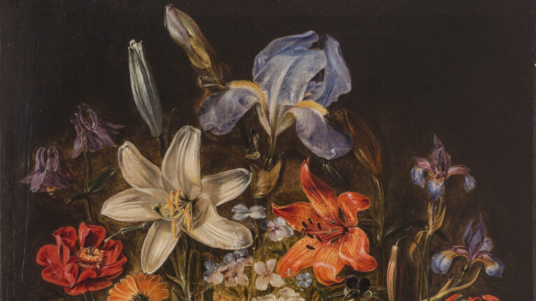 Realistic and detailed, the still life painting meticulously renders a variety of brightly colored flowers densely arranged in a dark round vase set against a dark background. The vase sits upon a stone ledge with two stray pink roses laying in the foreground.