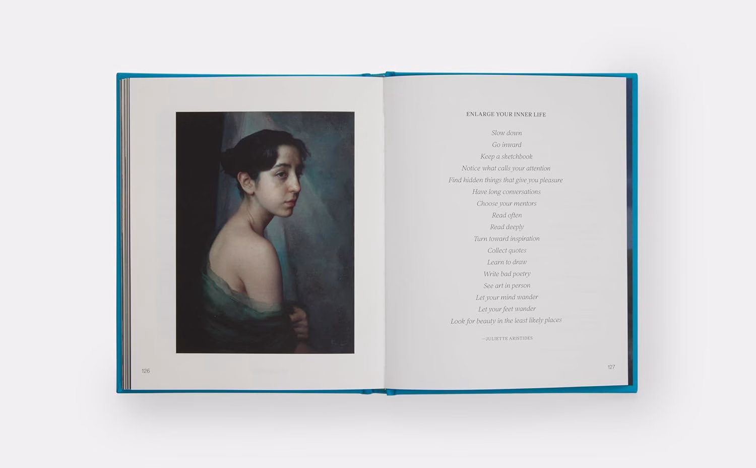 A book spread features a painting of a light-skinned woman on the left, her lace dress is pulled own off her shoulder. On the right is a list of brief instructions for "Enlarging Your Inner Life."