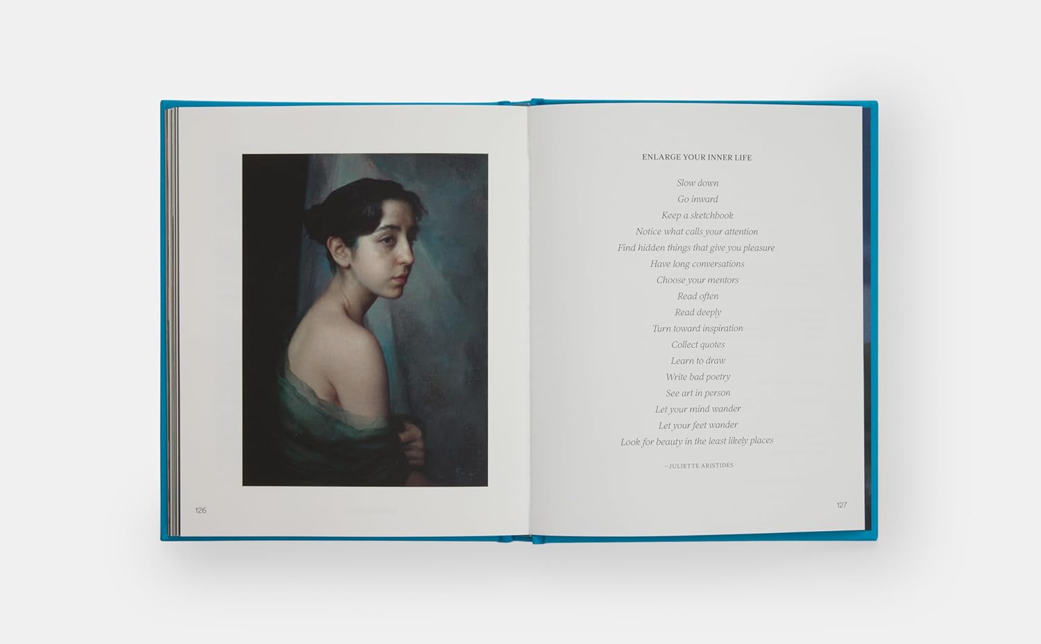 A book spread features a painting of a light-skinned woman on the left, her lace dress is pulled own off her shoulder. On the right is a list of brief instructions for "Enlarging Your Inner Life."
