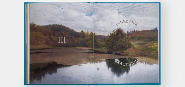 A book is opened to reveal a spread across both pages featuring a serene landscape image and brief text that introduces the section as "III: Inner Life Practicum."