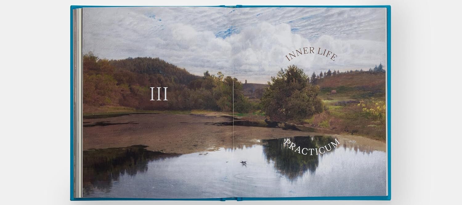 A book is opened to reveal a spread across both pages featuring a serene landscape image and brief text that introduces the section as "III: Inner Life Practicum."