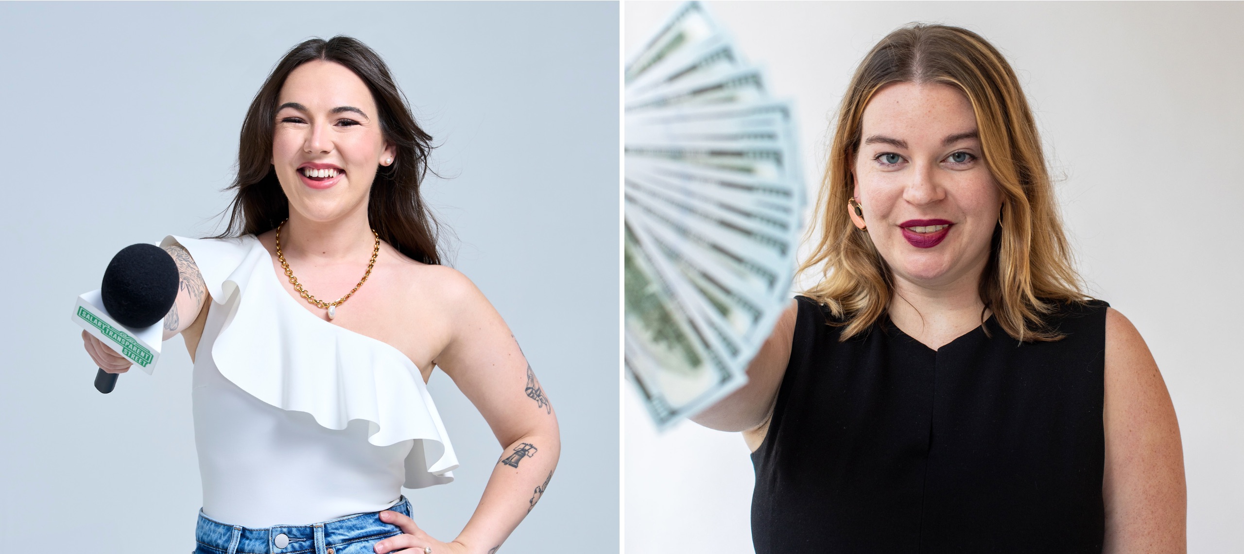 Split image: On the left, a smiling woman with light skin tone wearing a white one-shoulder top holds a microphone forward. On the right, a woman with light skin tone wearing a black shirt fans out several bills of U.S. currency toward the camera.