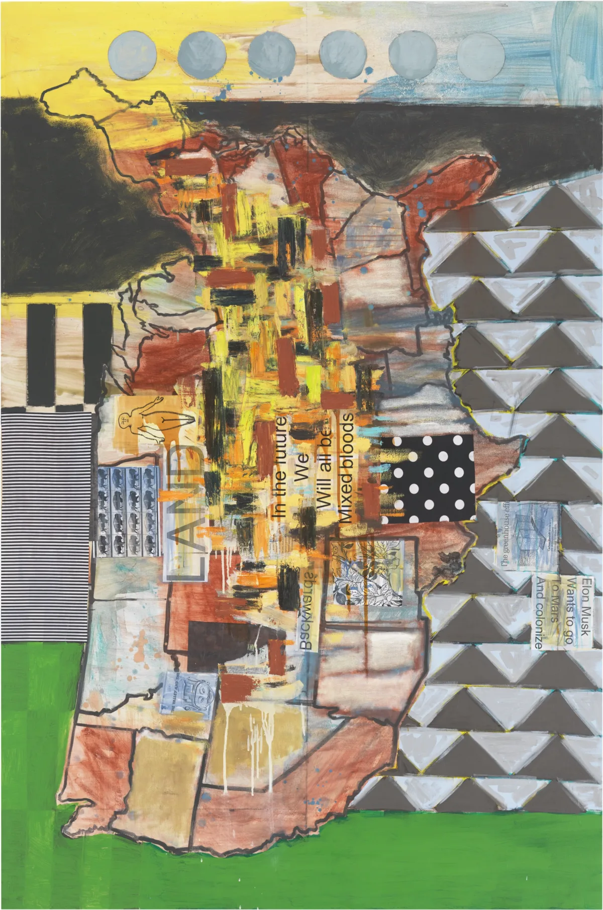A painting featuring a map of the United States oriented vertically at a ninety-degree angle. The outlines of states appear in shades of brown, white, and red. The text “In the future we will all be mixed bloods” is printed in the center. Green, yellow, black, and white geometric patterns fill the background.