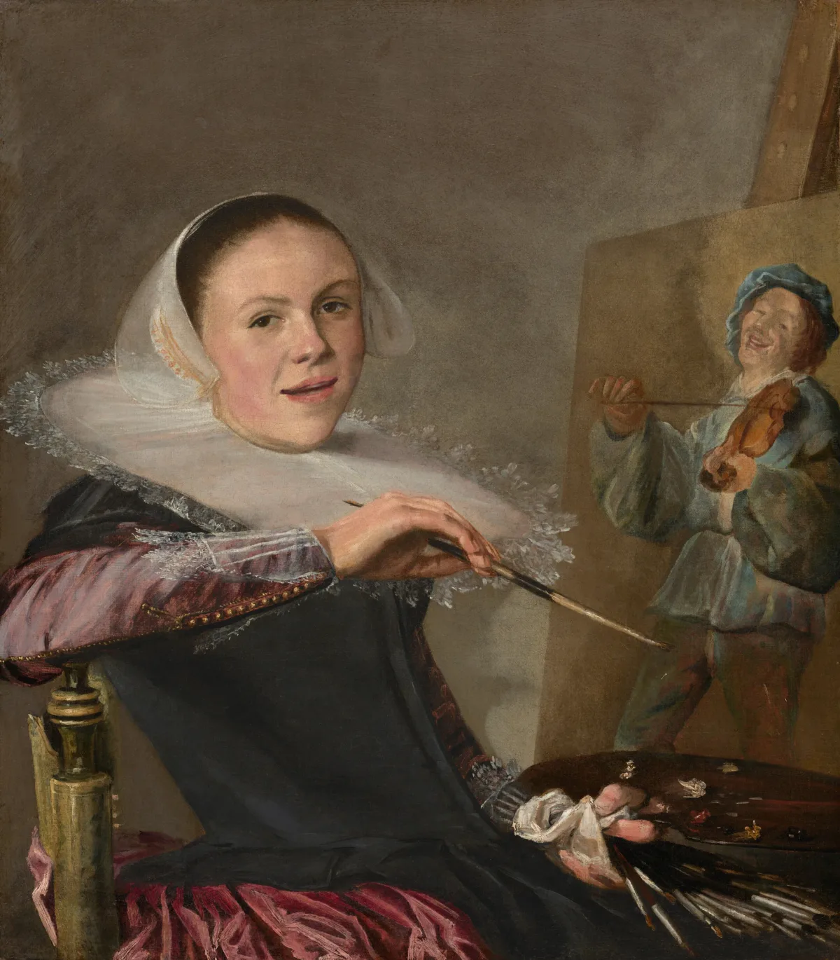 A woman in 17th-century attire sits at an easel, holding brushes and a palette, painting a man playing the violin. She wears a lace ruff and looks toward the viewer with a slight smile.