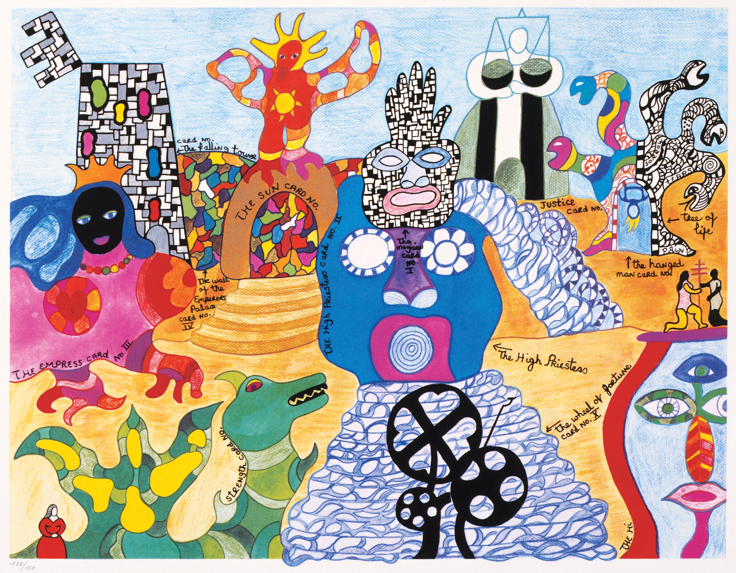 A colorful and print features an abstracted landscape crowded with surreal, cartoon-like figures, geometric shapes, and handwritten labels, such as “The Empress,” “The High Priestess,” and “Justice.” The background features waves, patterns, and symbols, all in overlapping vivid colors.