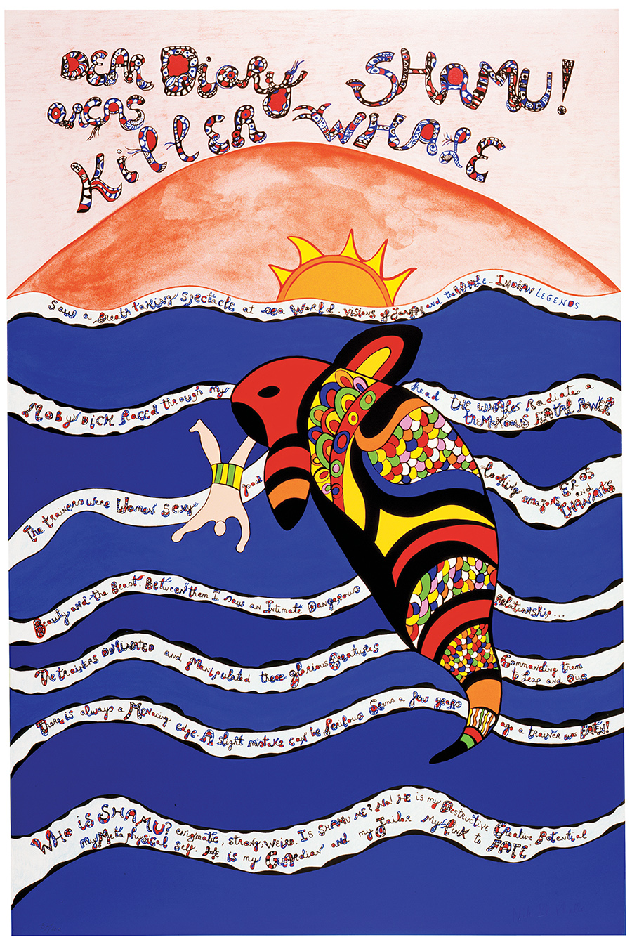 A brightly colored print features an orca whale depicted in intricate, scale-like patterns, swimming in blue waves under a red sun. Colorful handwritten text reads, “Dear Diary, Shamu!, Orcas, Killer Whale,” with additional writing within the waves.