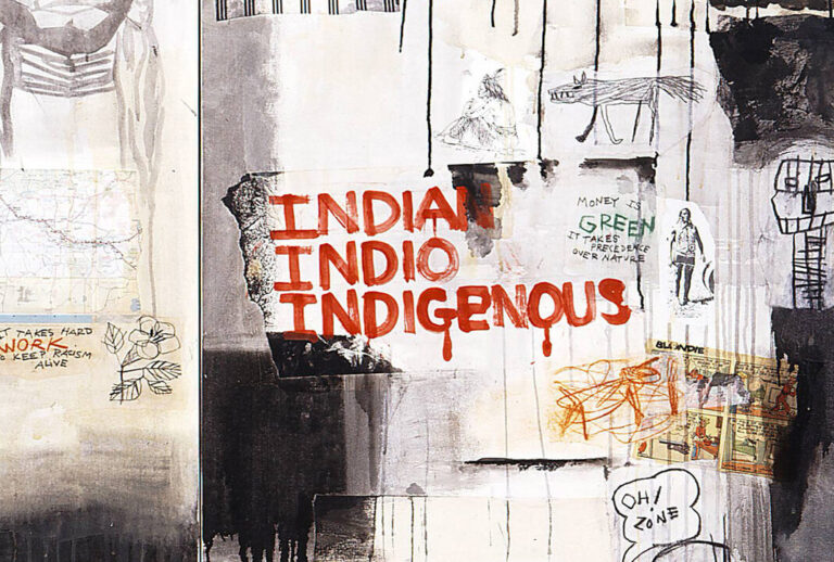 A horizontal canvas combines collaged paper, such as a scrap of a U.S. map, comic strip, and pictographs; cloth swatches; scrawled and dripped paint; and phrases like “It takes hard work to keep racism alive” and “Oh! Zone.” The work’s title appears in red paint right of center.