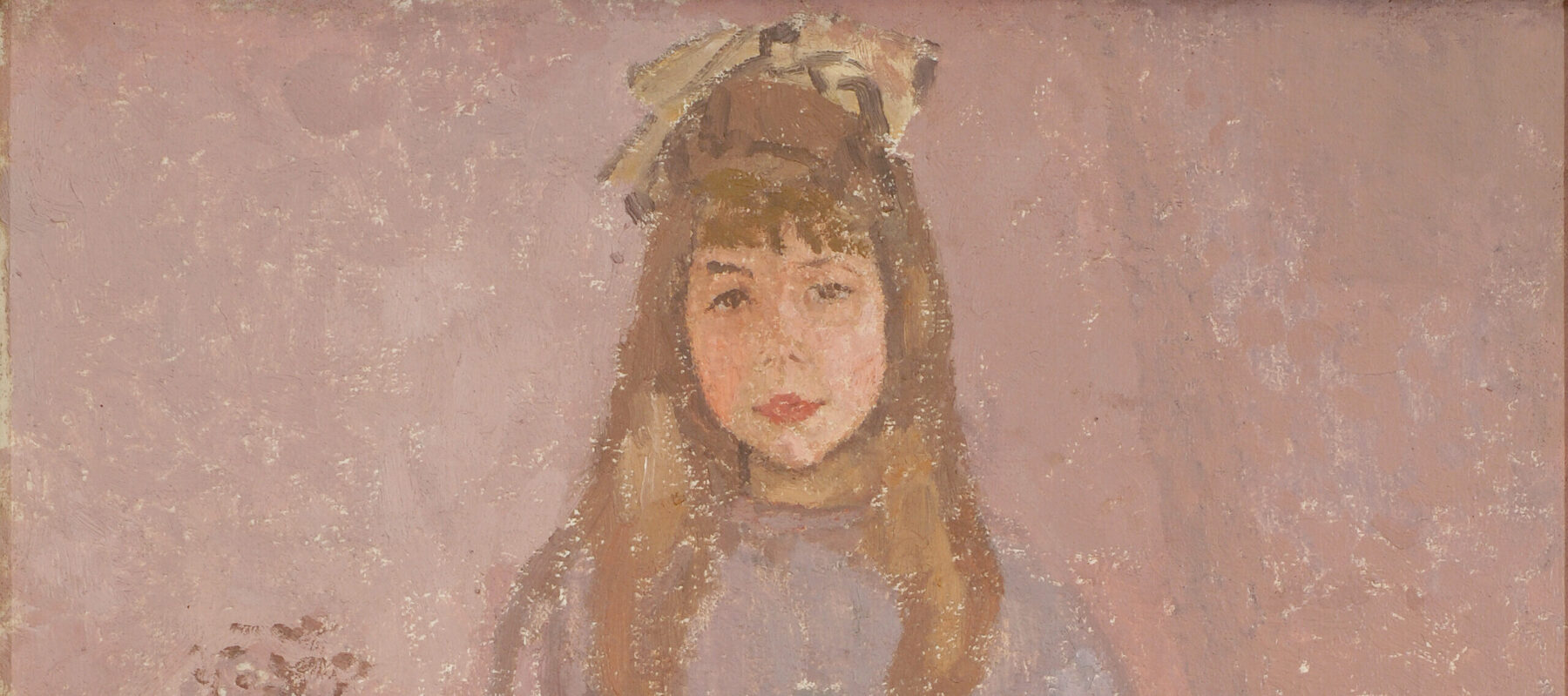 Against a loosely painted purple-pink background, a girl with light skin tone and long light-brown hair stands with her hands clasped, looking directly out at the viewer.