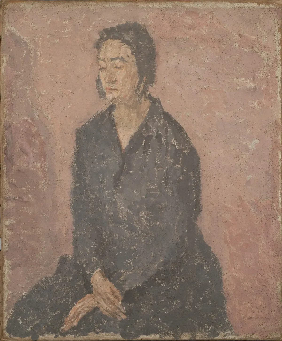 A light-skinned woman with dark hair and wearing a dark long-sleeved dress rendered with loose, impressionistic brushstrokes. Her arms are crossed in her lap and her eyes are closed.