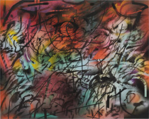 An image of an abstract painting featuring layers of colorful ink in shades of red, orange, purple, yellow, and blue, overlaid with black curving lines. MUST CONTACT HANNAH SHAMBROOM FOR EXTERNAL USAGE PERMISSION