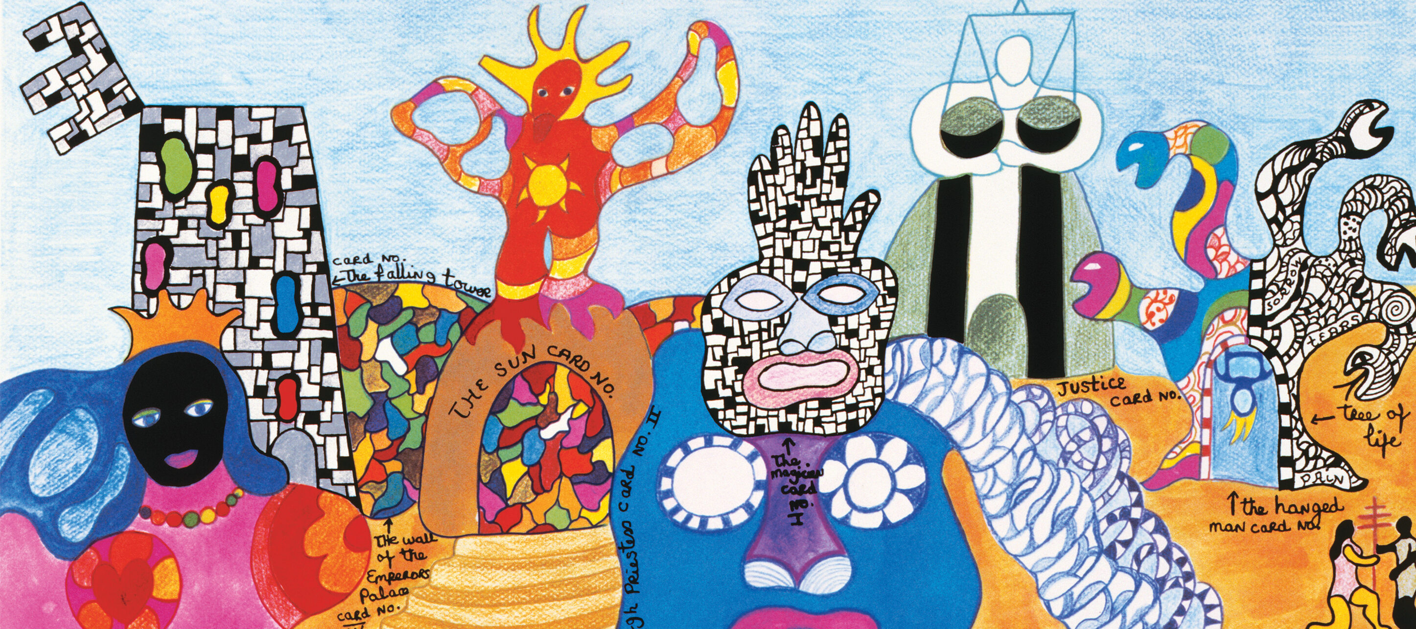 A colorful and print features an abstracted landscape crowded with surreal, cartoon-like figures, geometric shapes, and handwritten labels, such as “The Empress,” “The High Priestess,” and “Justice.” The background features waves, patterns, and symbols, all in overlapping vivid colors.