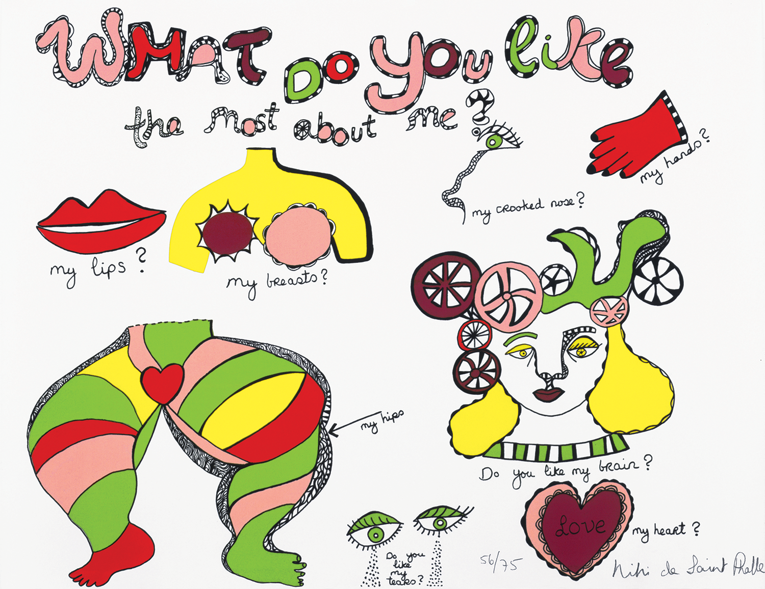 A colorful, whimsical print features body parts—lips, breasts, hips, a hand, heart, nose, and eyes—disembodied on a white background. Text around these illustrations reads, “What do you like the most about me?” with playful, doodle-style illustrations and patterns.