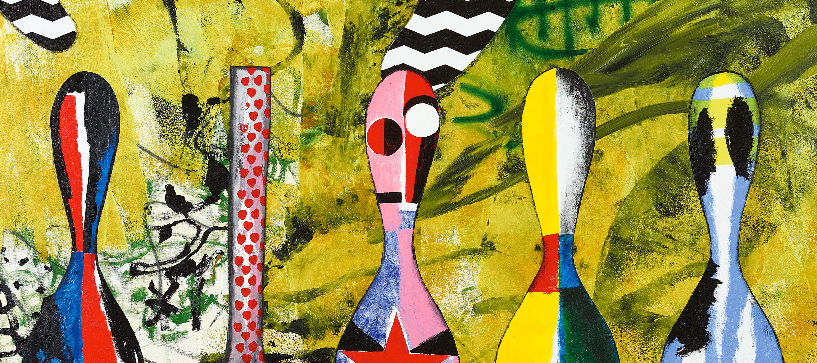A painting featuring colorful geometric forms. Bowling-pin shaped forms with blue, red, pink, and yellow patterns line the lower half of the composition. A large abstract yellow form and black-and-white chevron stripes fill the background.