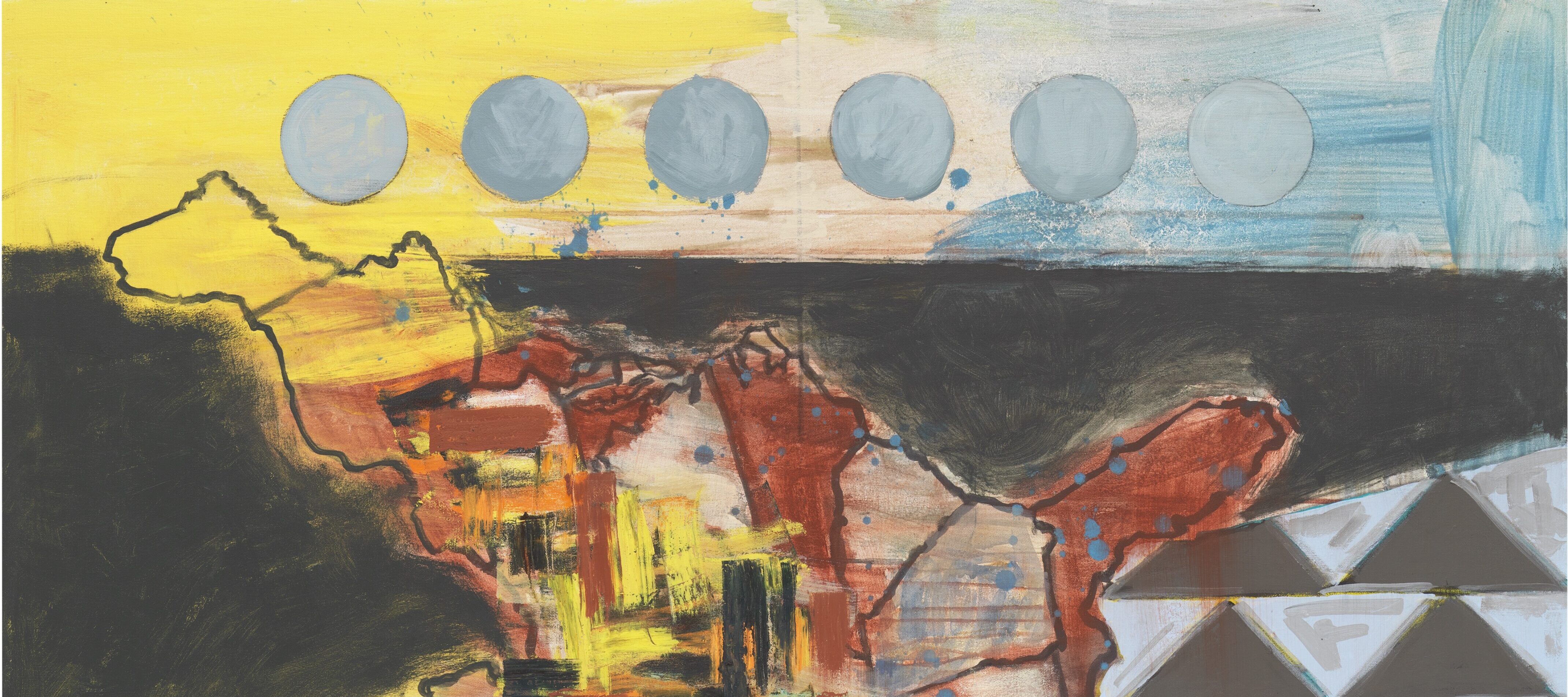 A painting featuring a map of the United States oriented vertically at a ninety-degree angle. The outlines of states appear in shades of brown, white, and red. The text “In the future we will all be mixed bloods” is printed in the center. Green, yellow, black, and white geometric patterns fill the background.