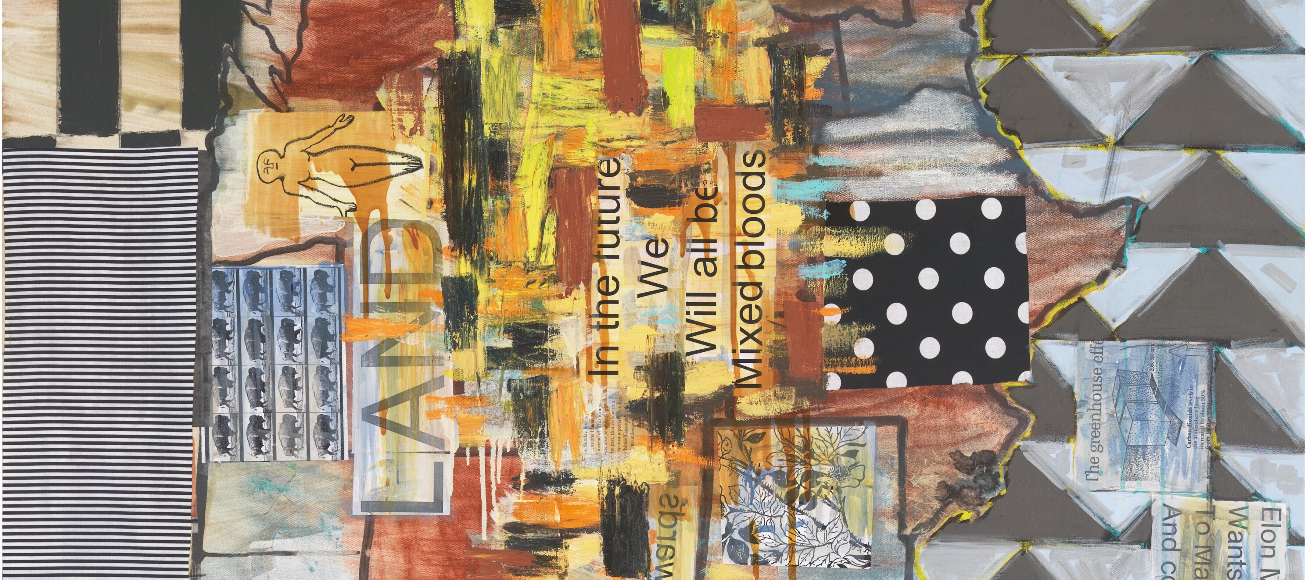 A painting featuring a map of the United States oriented vertically at a ninety-degree angle. The outlines of states appear in shades of brown, white, and red. The text “In the future we will all be mixed bloods” is printed in the center. Green, yellow, black, and white geometric patterns fill the background.