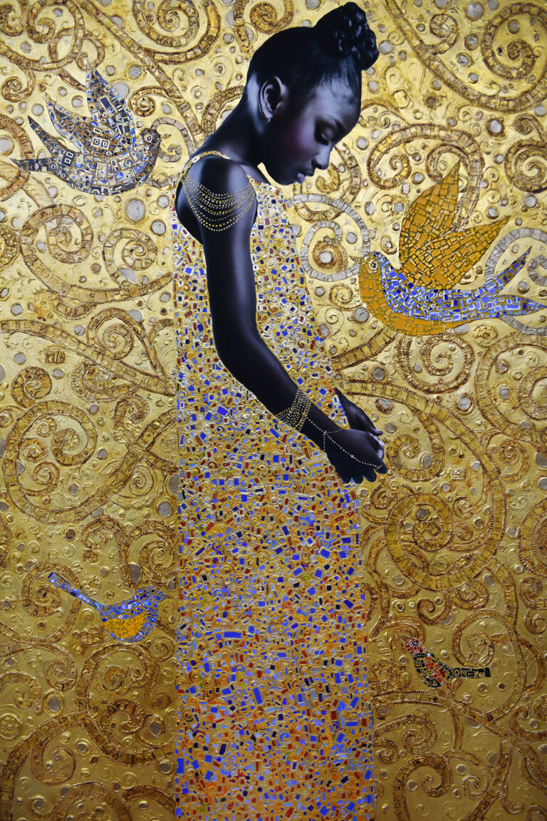 A photograph of a young Black girl in profile, looking down at her hands. Her dress and the image's background are covered in gold leaf. The background features a motif of birds and spirals.