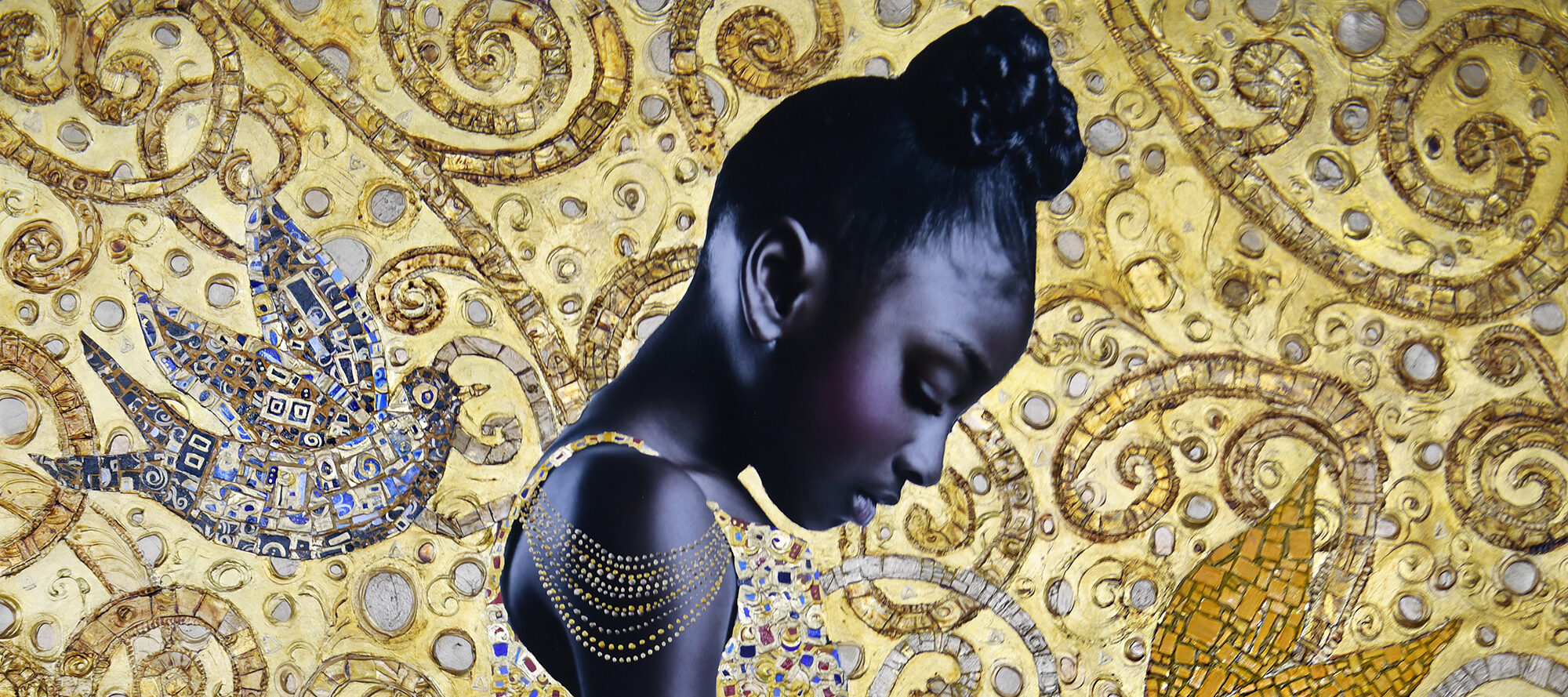 A photograph of a young Black girl in profile, looking down at her hands. Her dress and the image's background are covered in gold leaf. The background features a motif of birds and spirals.