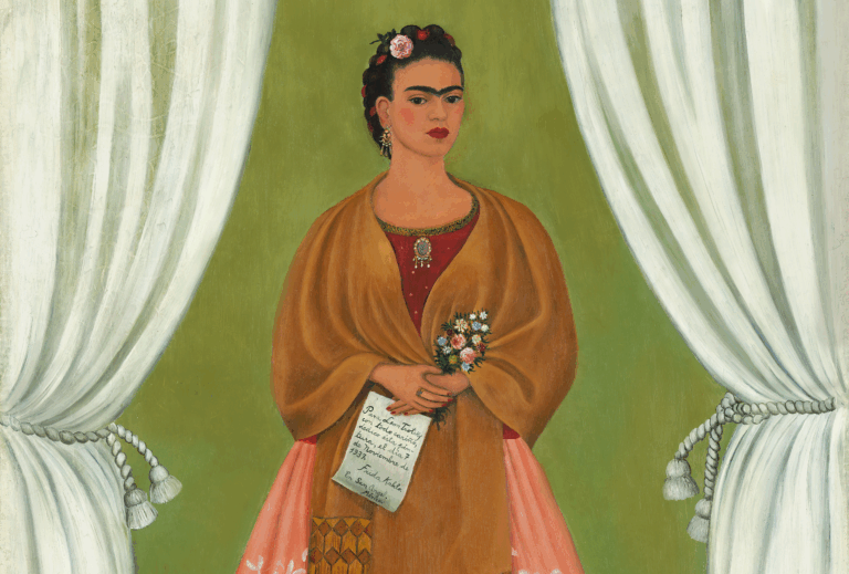 In a painted self-portrait, the artist stands in a stage-like space framed by white curtains. Beneath black hair woven with red yarn and flowers, heavy brows accent her dark-eyed gaze. Clad in a fringed, honey-toned shawl; long, pink skirt; and gold jewelry, she holds a bouquet and a handwritten letter.