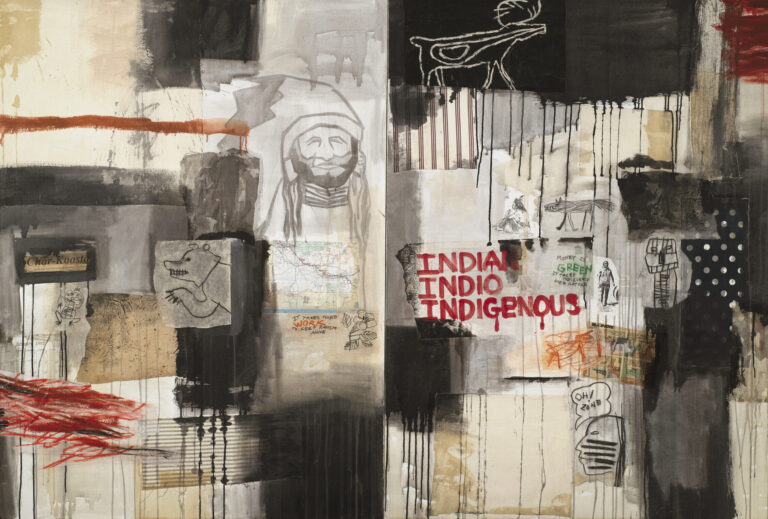 A horizontal canvas combines collaged paper, such as a scrap of a U.S. map, comic strip, and pictographs; cloth swatches; scrawled and dripped paint; and phrases like “It takes hard work to keep racism alive” and “Oh! Zone.” The work’s title appears in red paint right of center.