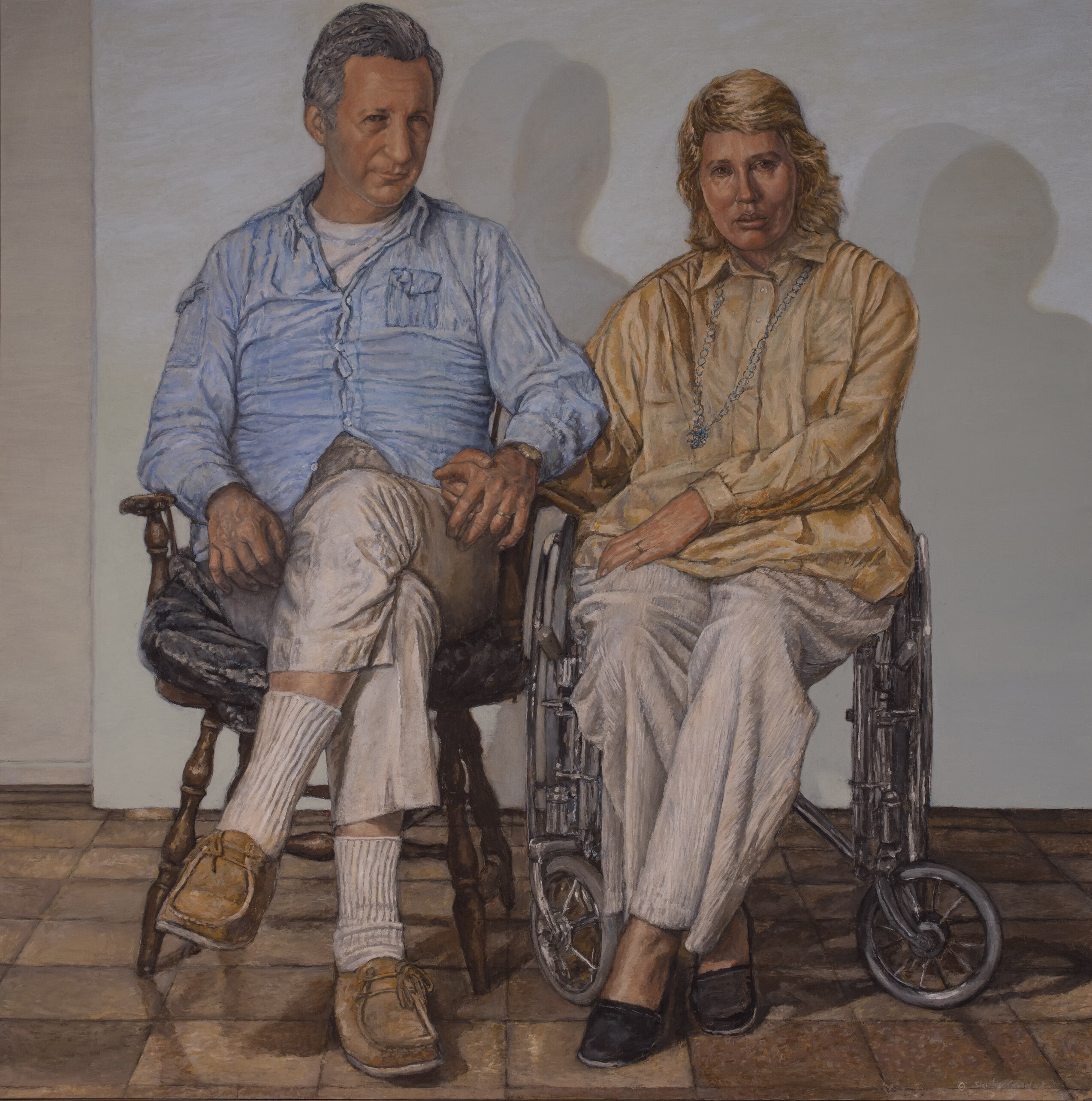 Two depictions of the same woman are shown in a room with an orange-tiled floor. One stands with a hand on her hip, while the other sits on a striped chair draped in green fabric. Both cast shadows on the plain wall behind them.