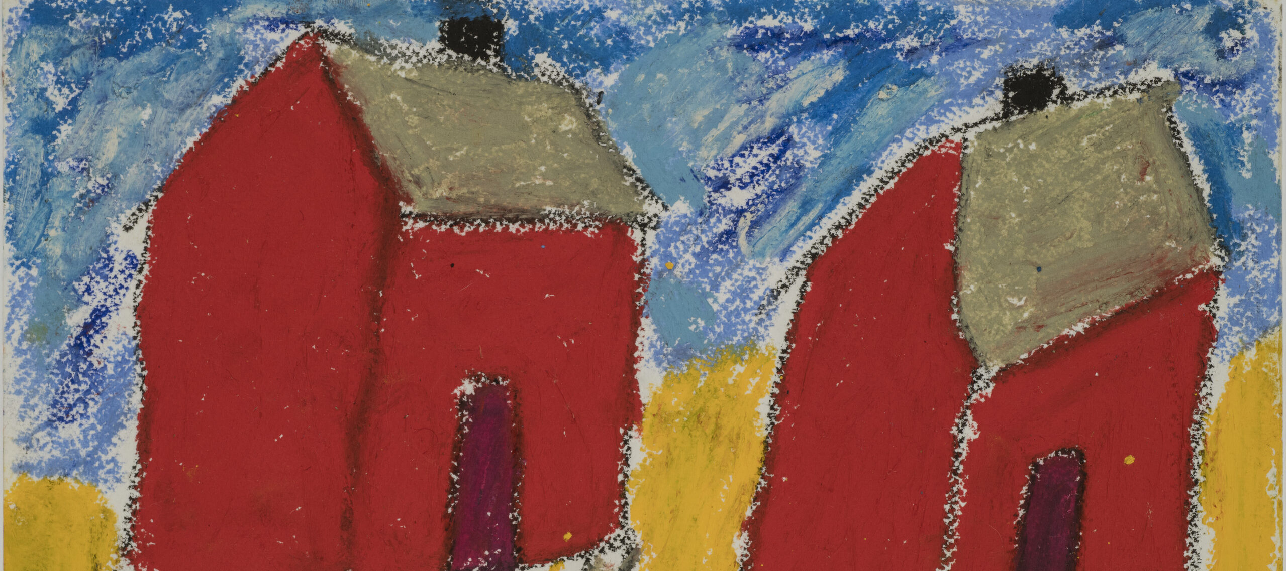 A colorful oil pastel work rendered in a basic, child-like style, depicting two square, red shacks with gray roofs and short, gray stilt bottoms sit atop a yellow ground and against a sky blue background.