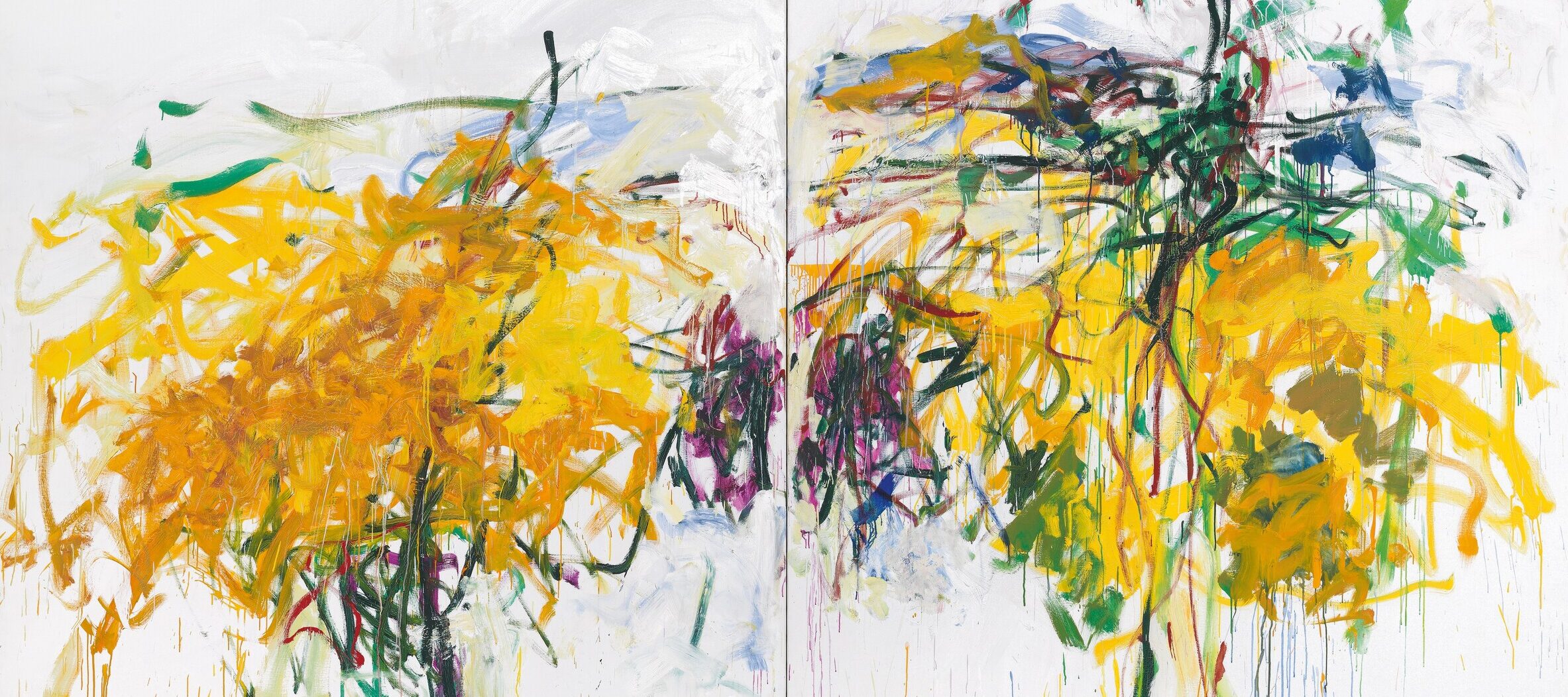 An image of an abstract painting featuring bold brushstrokes and drips of varying thickness in shades of yellow, green, purple, and blue against a white background. The painting is a diptych, with brushstrokes across two canvases. MUST CONTACT HANNAH SHAMBROOM FOR EXTERNAL USAGE PERMISSION