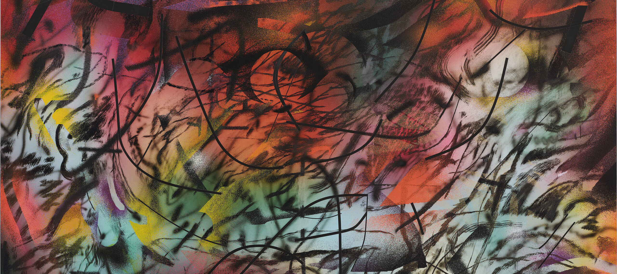 An image of an abstract painting featuring layers of colorful ink in shades of red, orange, purple, yellow, and blue, overlaid with black curving lines. MUST CONTACT HANNAH SHAMBROOM FOR EXTERNAL USAGE PERMISSION