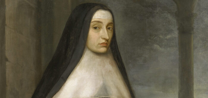 A woman wearing a black veil and white religious habit stands indoors, holding a book. The background shows stone columns and an arched window revealing a cloudy sky and distant landscape.