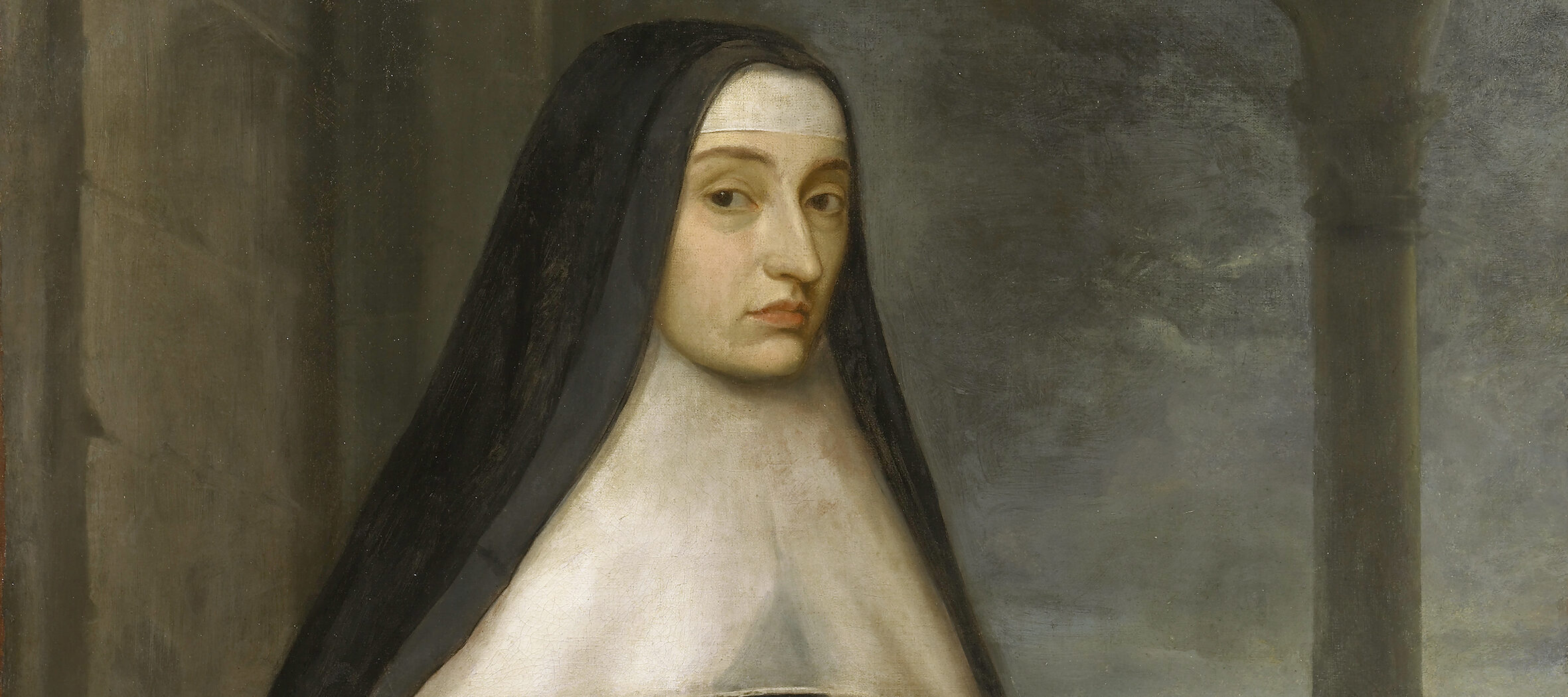 A woman wearing a black veil and white religious habit stands indoors, holding a book. The background shows stone columns and an arched window revealing a cloudy sky and distant landscape.