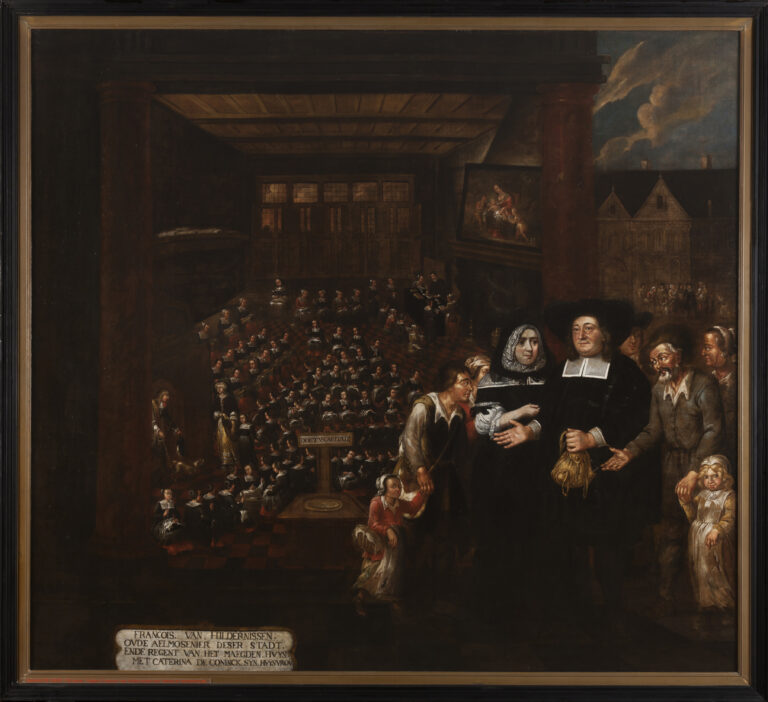 A 17th-century interior scene showing a large group of young girls, dressed in dark clothing with white collars, seated closely together at tables and benches engaged in needlework such as lace-making and sewing. In the foreground stand two adults, likely benefactors or overseers, holding items and looking toward the viewer, while tools and fabric are visible around the room.