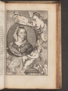 Engraved portrait of a woman depicted in early-18th-century attire, shown from the waist up, facing slightly to the viewer’s right. She wears a formal dress with a ruffled collar and holds a paper or book in one hand, her expression calm and composed against a plain or lightly shaded background. Cherubs surround her.