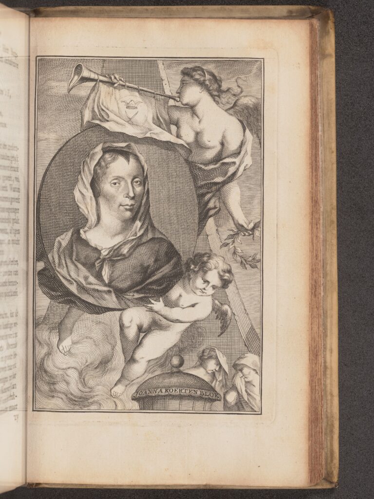 Engraved portrait of a woman depicted in early-18th-century attire, shown from the waist up, facing slightly to the viewer’s right. She wears a formal dress with a ruffled collar and holds a paper or book in one hand, her expression calm and composed against a plain or lightly shaded background. Cherubs surround her.