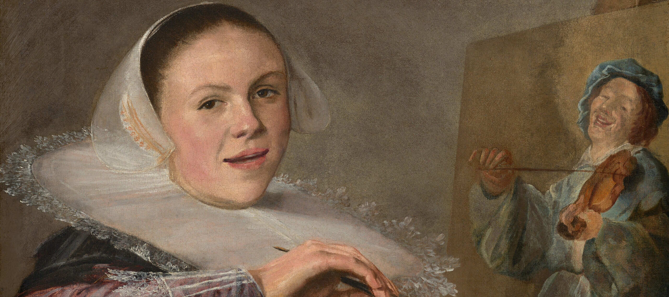 A woman in 17th-century attire sits at an easel, holding brushes and a palette, painting a man playing the violin. She wears a lace ruff and looks toward the viewer with a slight smile.