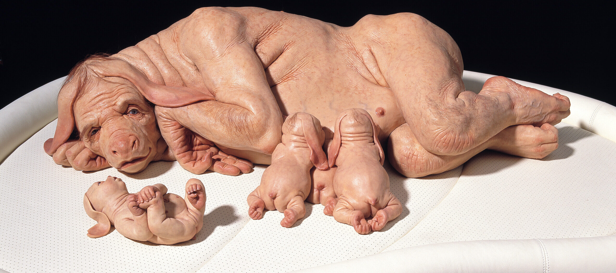 A human-like pig is lying on its side with several little piglets drinking its milk. It has human features in the body and face which make for a haunting impression.