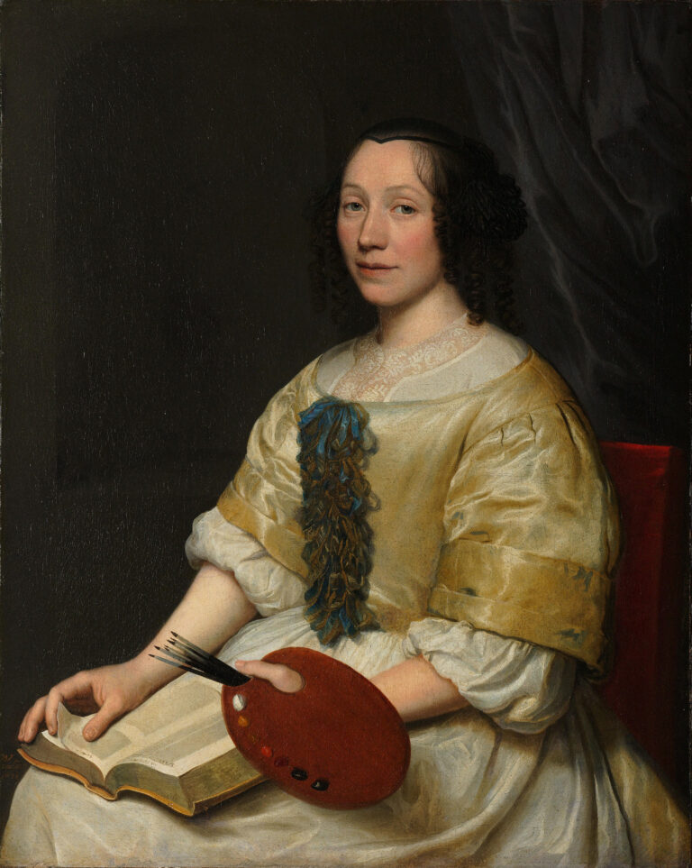 Oil portrait of Dutch Golden Age painter Maria van Oosterwijck seated against a dark background, wearing an elegant 17th-century gown with lace at the neckline. She holds a painter’s palette and brushes in one hand and a Bible in the other, gazing calmly toward the viewer.