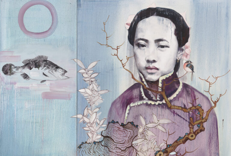 A square painting with layered, dripping textures of a Chinese woman with dark hair and a traditional dress. She gazes straightforward at the viewer. In front of her, a tree branch extends upward and a bird perches on the end of it. The background consists of two different shades of blue and on the left side of the canvas an open-mouthed fish points towards the woman.