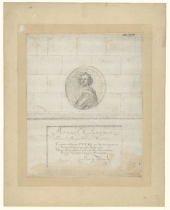 A detailed historic engraving mounted on beige matting showing a circular portrait of a person with shoulder-length hair and period clothing set against a lightly sketched stone wall background. Below the portrait, decorative calligraphic text in Latin appears on a rectangular panel, with flourishes and a signature at the bottom right.