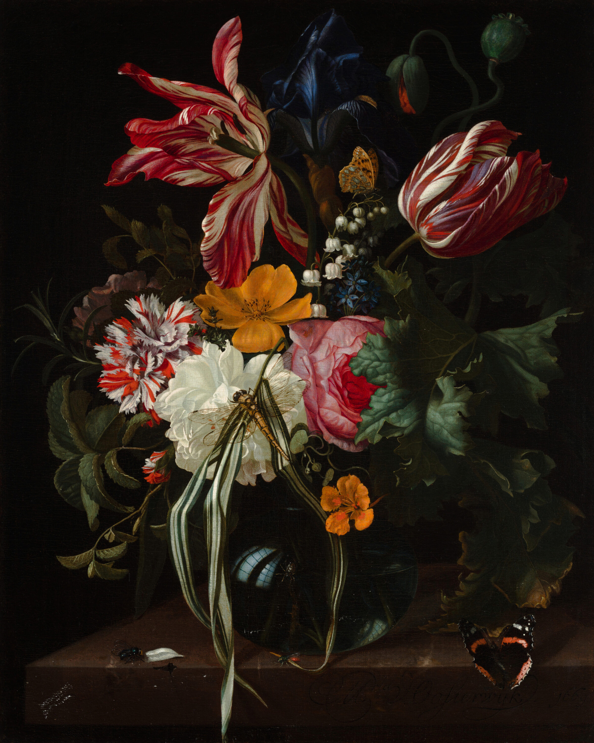 A richly detailed still life of flowers arranged in a glass vase against a dark background, including red-and-white striped tulips, a pink rose, a white carnation, and yellow blossoms, with insects such as a butterfly, dragonfly, and snail delicately scattered among the blooms.