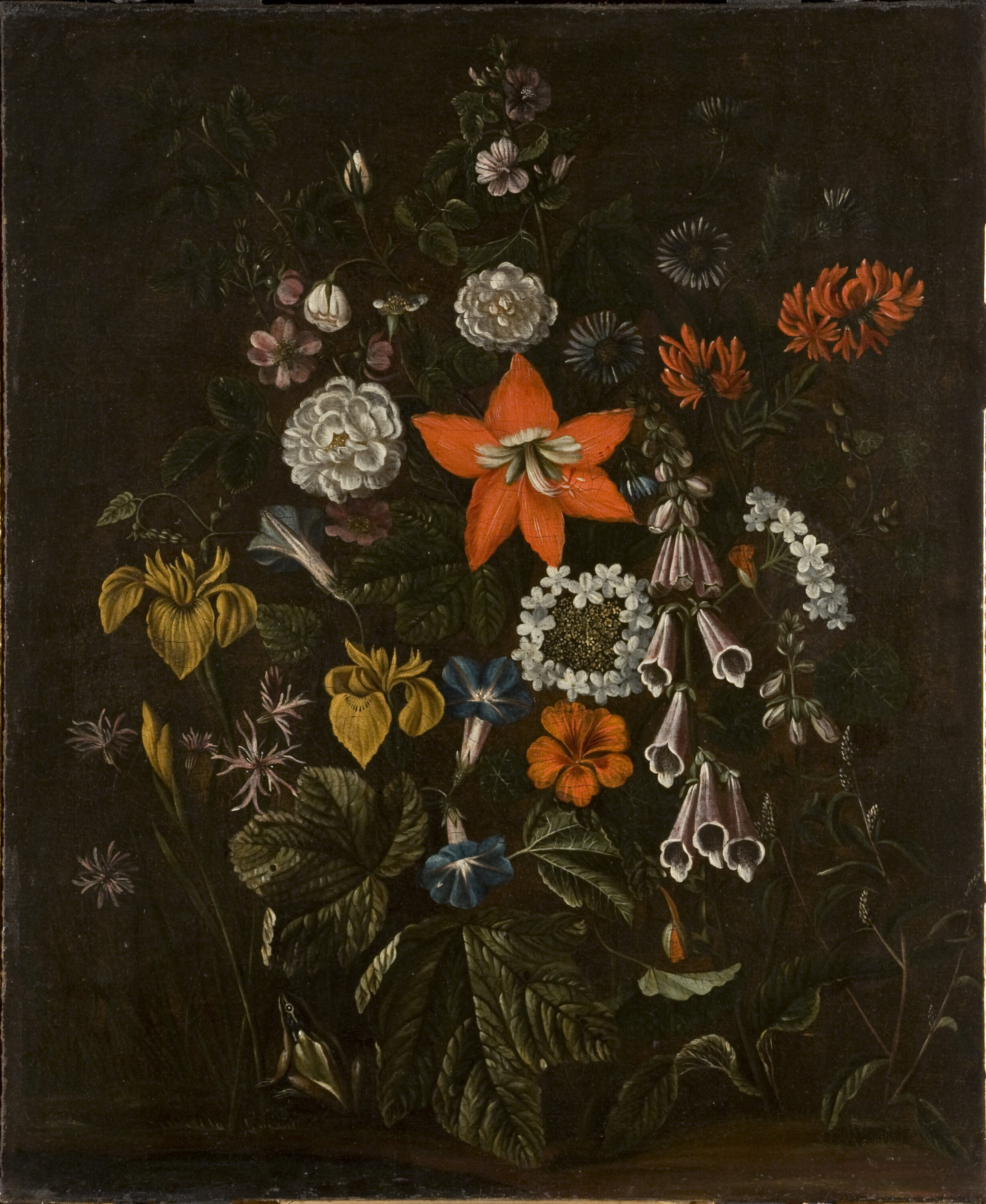 A detailed oil painting of a lush forest-floor still life featuring an asymmetrical arrangement of various flowers, including tall irises and morning glories, bell-shaped foxgloves, a central bright orange lily-like bloom, and clusters of white and pink blossoms. This is set against a dark, muted background.