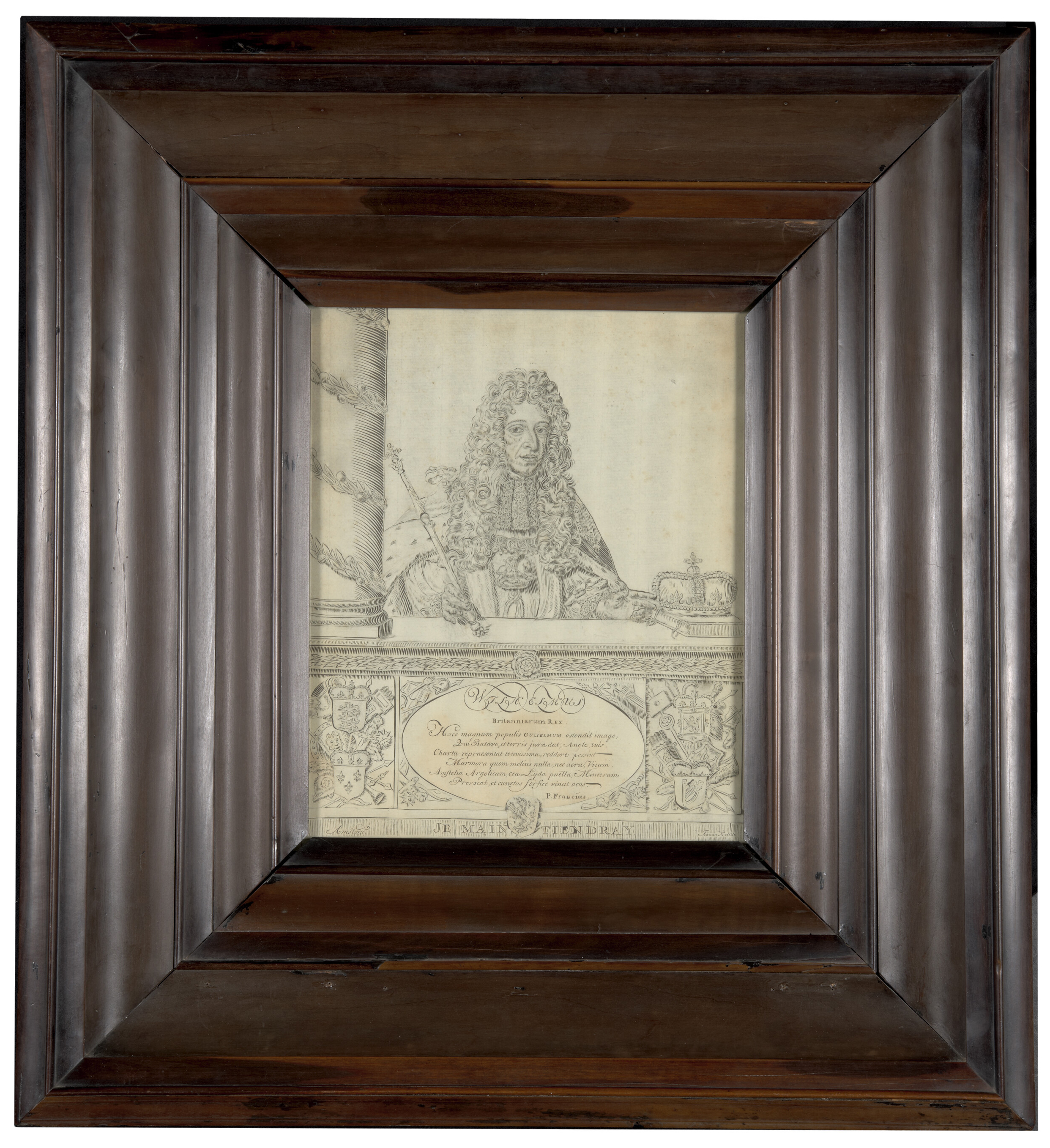 Framed black and white portrait of a person in historical attire sitting at a table with an inscription below, all within a wide, dark wooden frame.